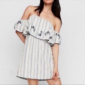 Express off shoulder embroidered white and blue stripes shift mini dress XS